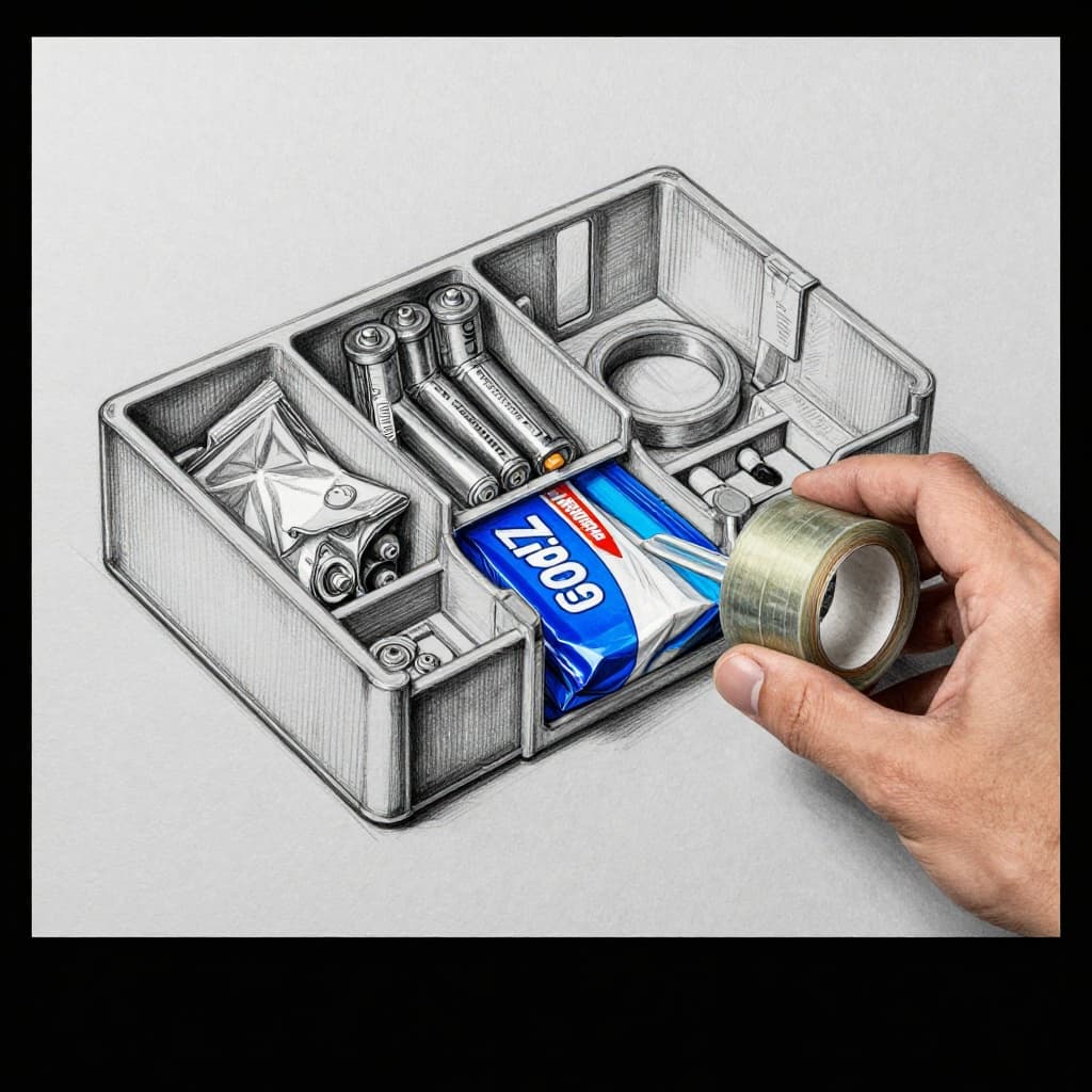 Hand-drawn sketch of a plastic battery organizer featuring dividers, taped terminals, Ziploc bags, and a nearby fire-resistant bag, demonstrating safe storage to prevent shorts and fires.
