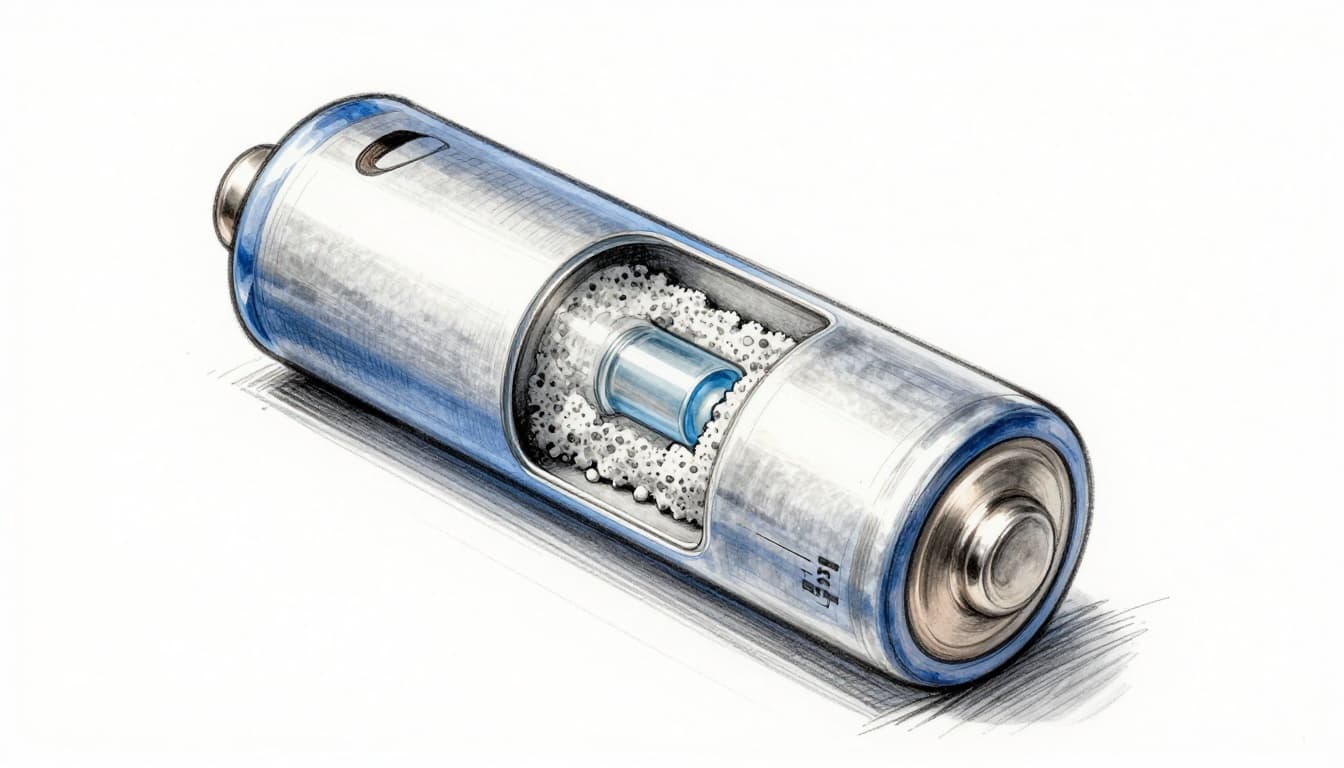 Hand-drawn graphite sketch of a cylindrical alkaline battery cross-section, highlighting zinc anode cylinder, manganese dioxide cathode powder, central electrolyte gel separator, and metal casing with light shading.