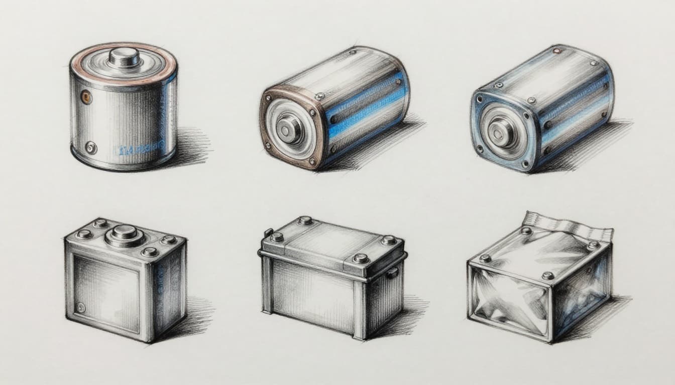 Hand-drawn sketch of six common battery types—cylindrical Li-ion, AA alkaline, D-cell alkaline, lead-acid car battery, prismatic sodium-ion prototype, and thin solid-state pouch cell—arranged in a grid on a plain workbench.