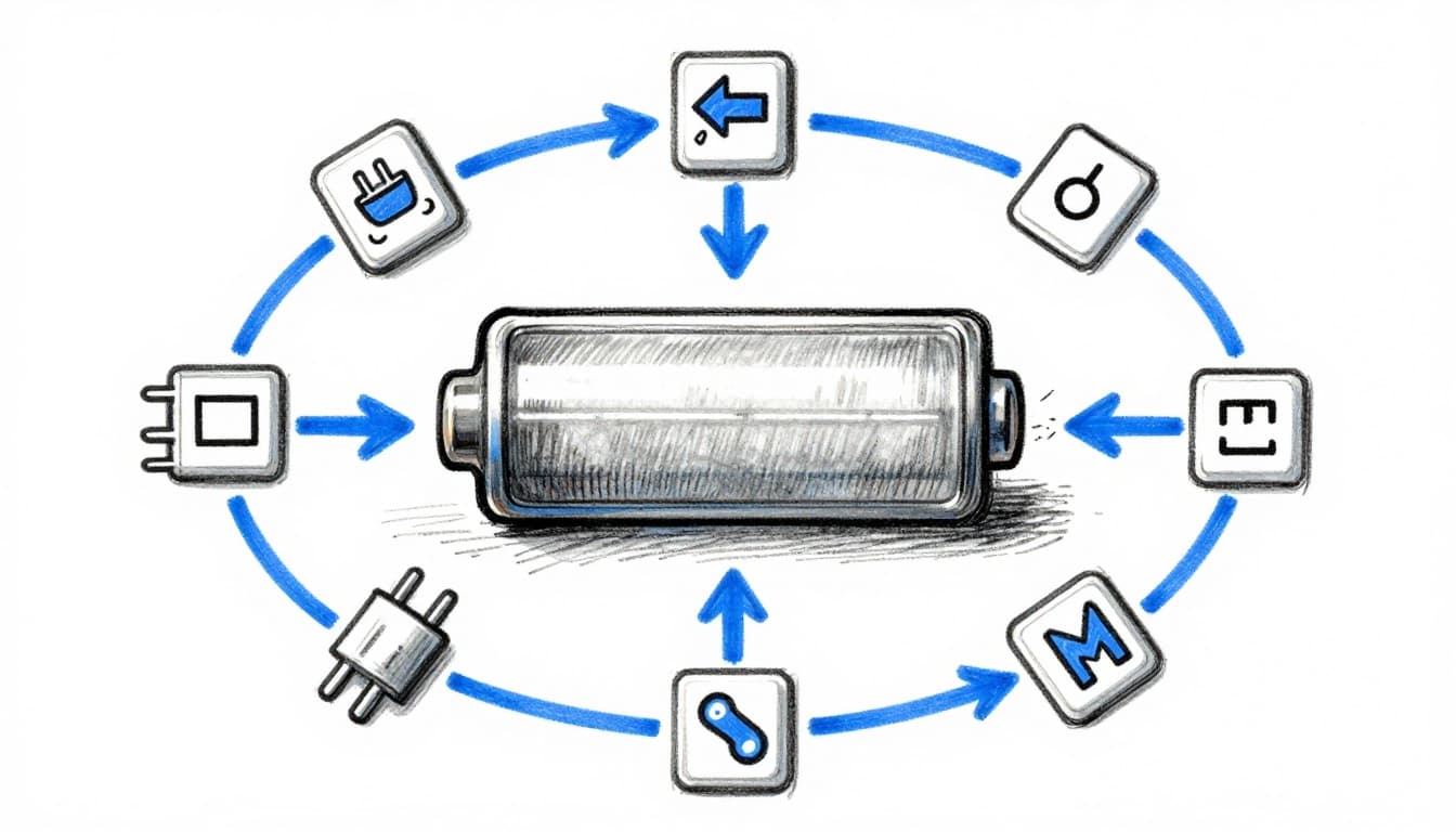 Hand-drawn graphite linework sketch on white background showing a smartphone battery undergoing repeated charge-discharge cycles, with plug icons, subtle electrode wear and lithium loss indicators, and blue cycle arrows.