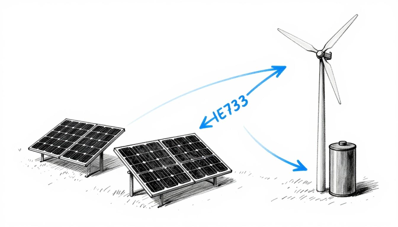 Hand-drawn sketch diagram illustrating solar panels and a wind turbine producing excess power stored in a grid battery, then discharged during low production periods.