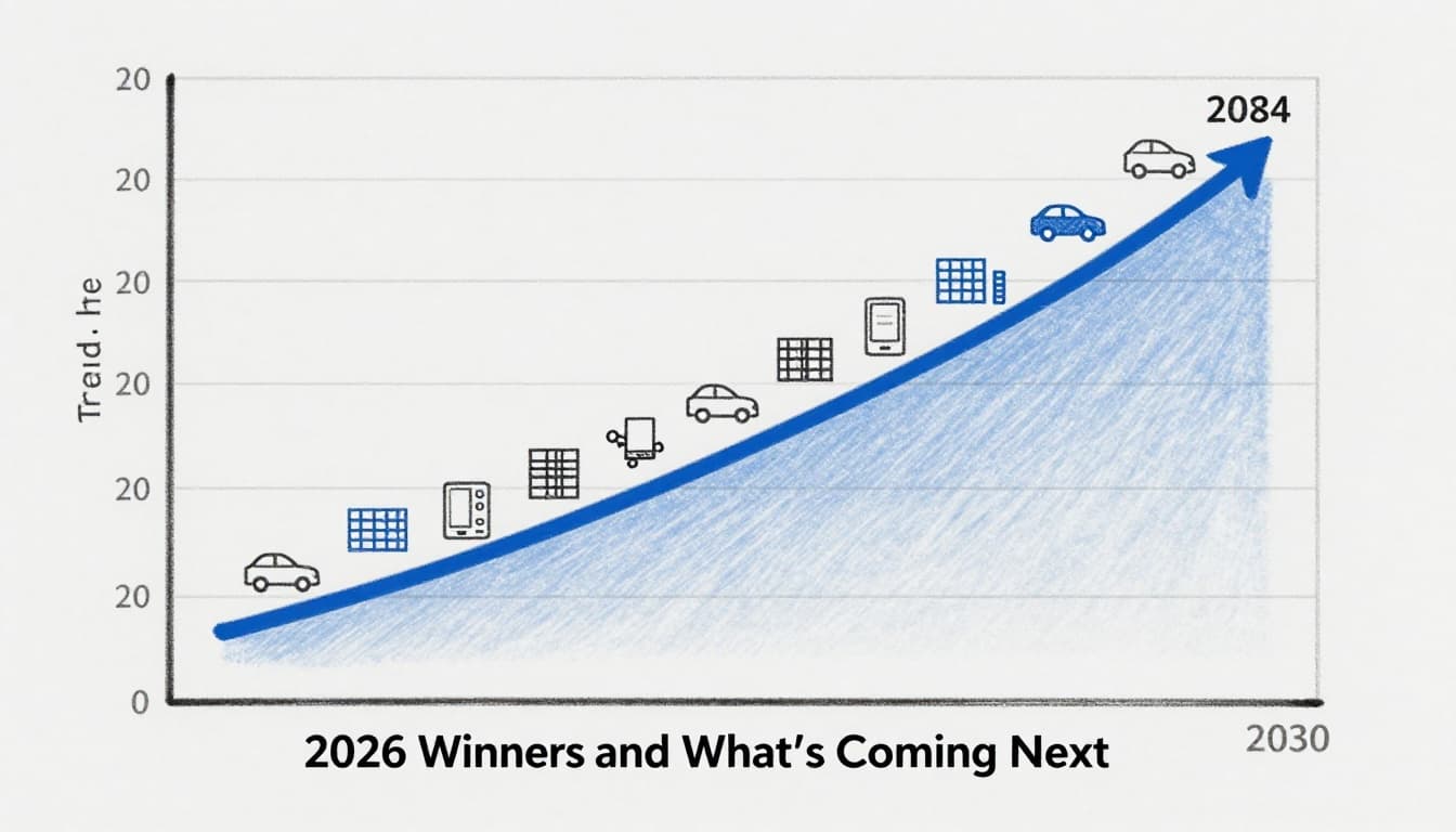 Trend line graph sketch depicting rising adoption of solid-state and sodium-ion batteries from 2024 to 2030, with icons for EVs, grid storage, and consumer devices; hand-drawn graphite linework on light gray background.