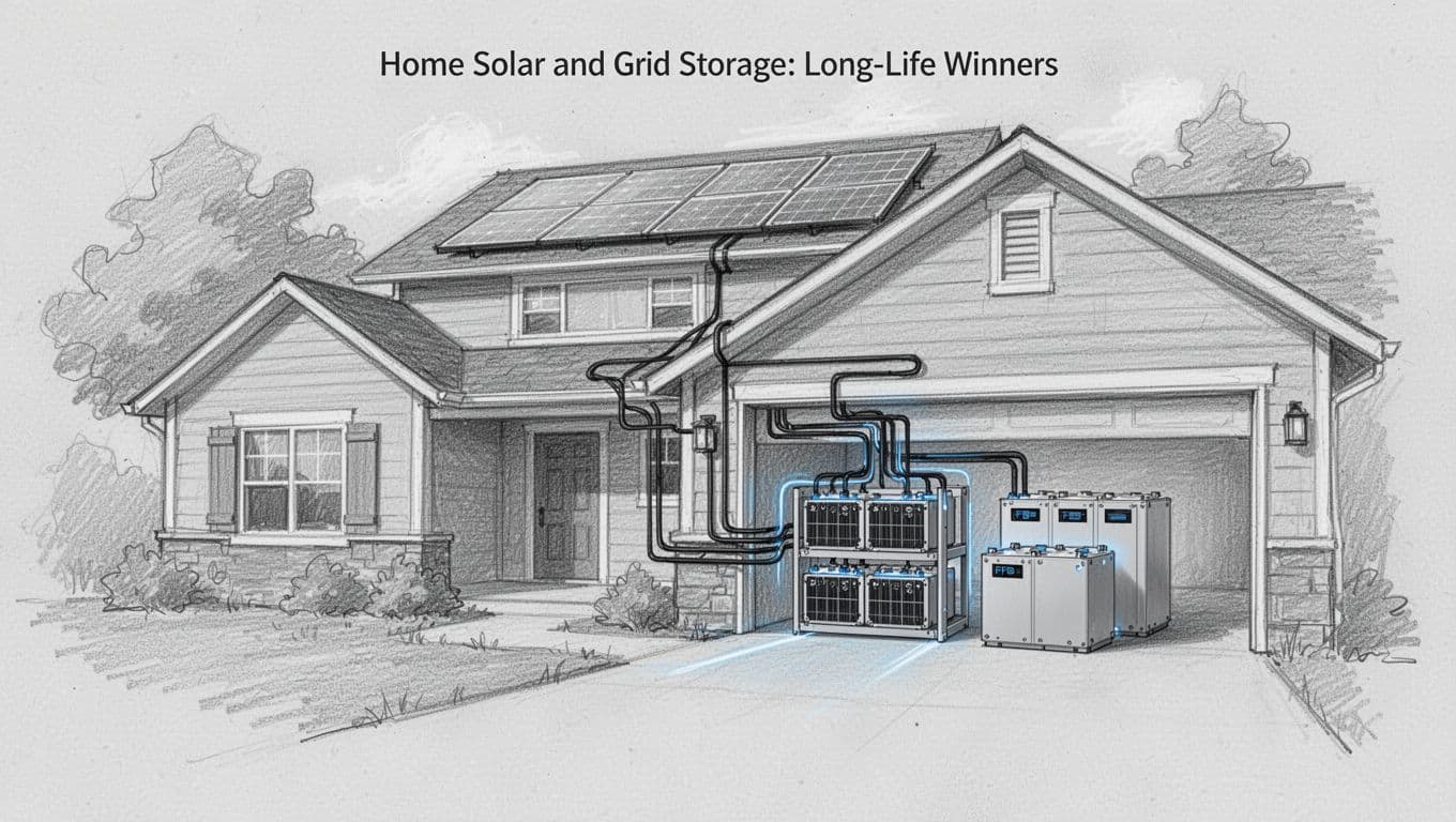 Graphite sketch of a suburban house featuring rooftop solar panels wired to garage racks of prismatic LFP and sodium-ion batteries, shown in daytime side view with open garage door.