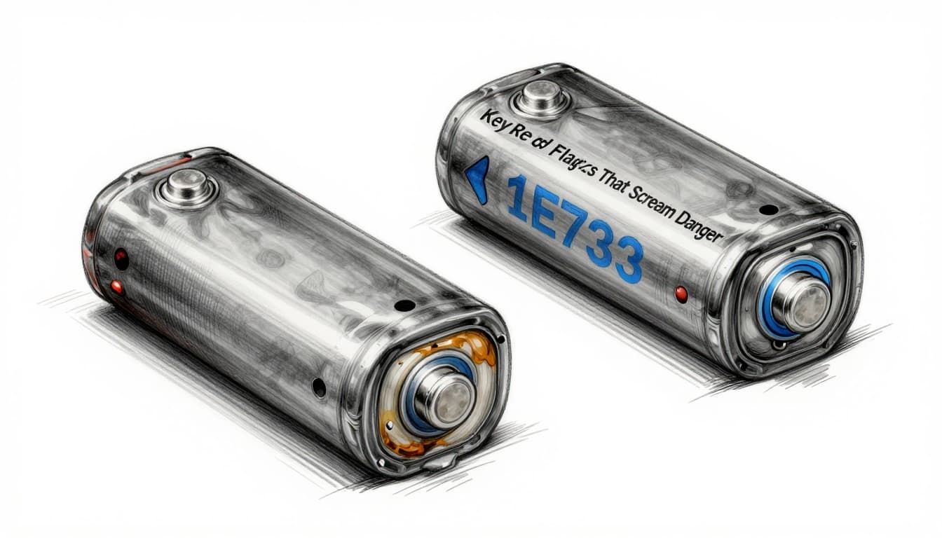 Hand-drawn sketch of a swollen, bulging lithium-ion battery with leaking fluid and corroded terminals placed side-by-side with a normal battery on a workbench, using accent highlights for warning signs.