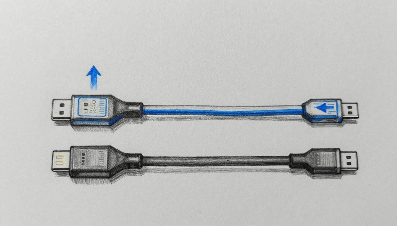 Hand-drawn graphite sketch on light gray paper showing a side-by-side comparison of a thick certified USB-C cable and a thin cheap USB-C cable, with thicker power flow arrows on the certified cable indicating higher current capacity.