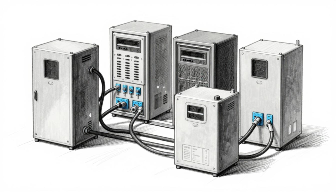 Hand-drawn graphite sketch of exactly four lead-acid batteries stacked in a UPS rack for data center backup power, cables connected to server silhouettes, light shading on clean white background with blue accents on connections.