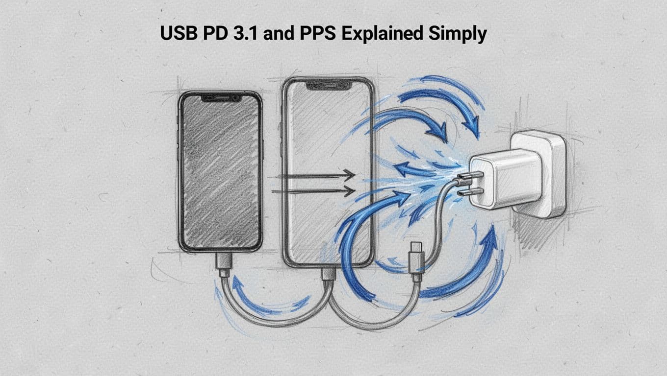 Hand-drawn graphite sketch on light gray paper showing a smartphone connected to a USB-C wall charger via short cable, with bidirectional arrows indicating power negotiation and thick accent lines representing high power flow.