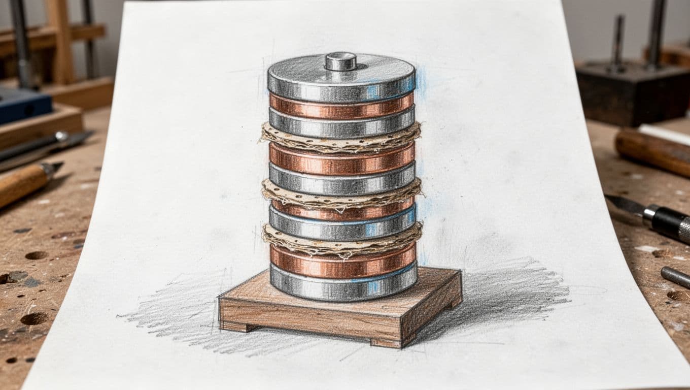 Hand-drawn graphite sketch of Alessandro Volta's voltaic pile from 1800, a vertical stack of alternating zinc and copper discs separated by brine-soaked cardboard, on a wooden base with light shading for depth.